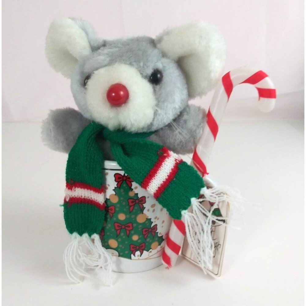 New Vintage 1994 Joelson Industries Mouse Plush With Christmas Tree Coffee Cup